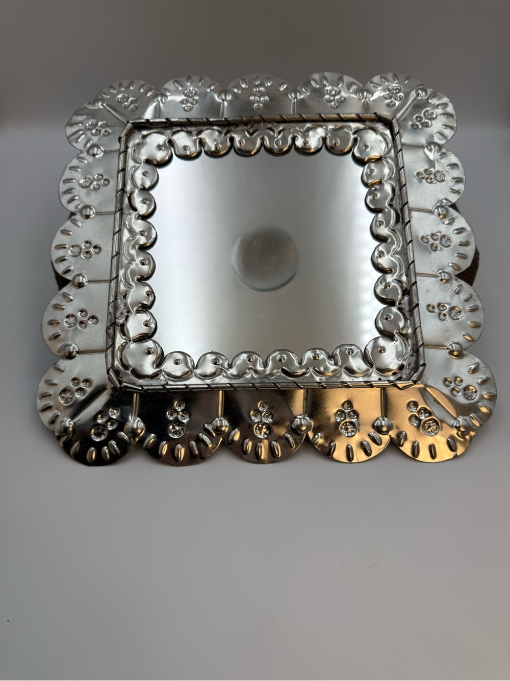 Tin Punched Square mirror Silver Tone 10”